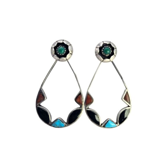 Zuni-Style Sterling Silver Multi-Stone Inlay Convertible Teardrop Earrings - Picture 7 of 16